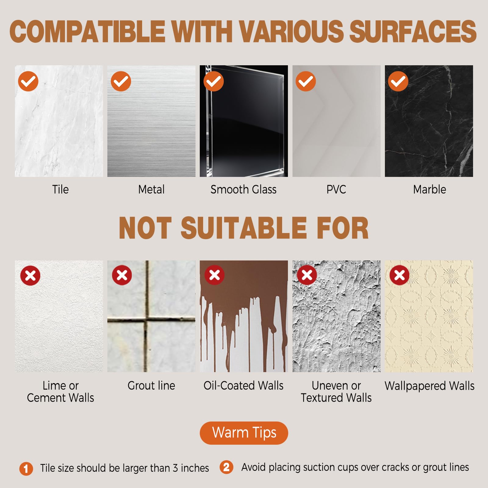 No-drill installation on glass or tile surfaces