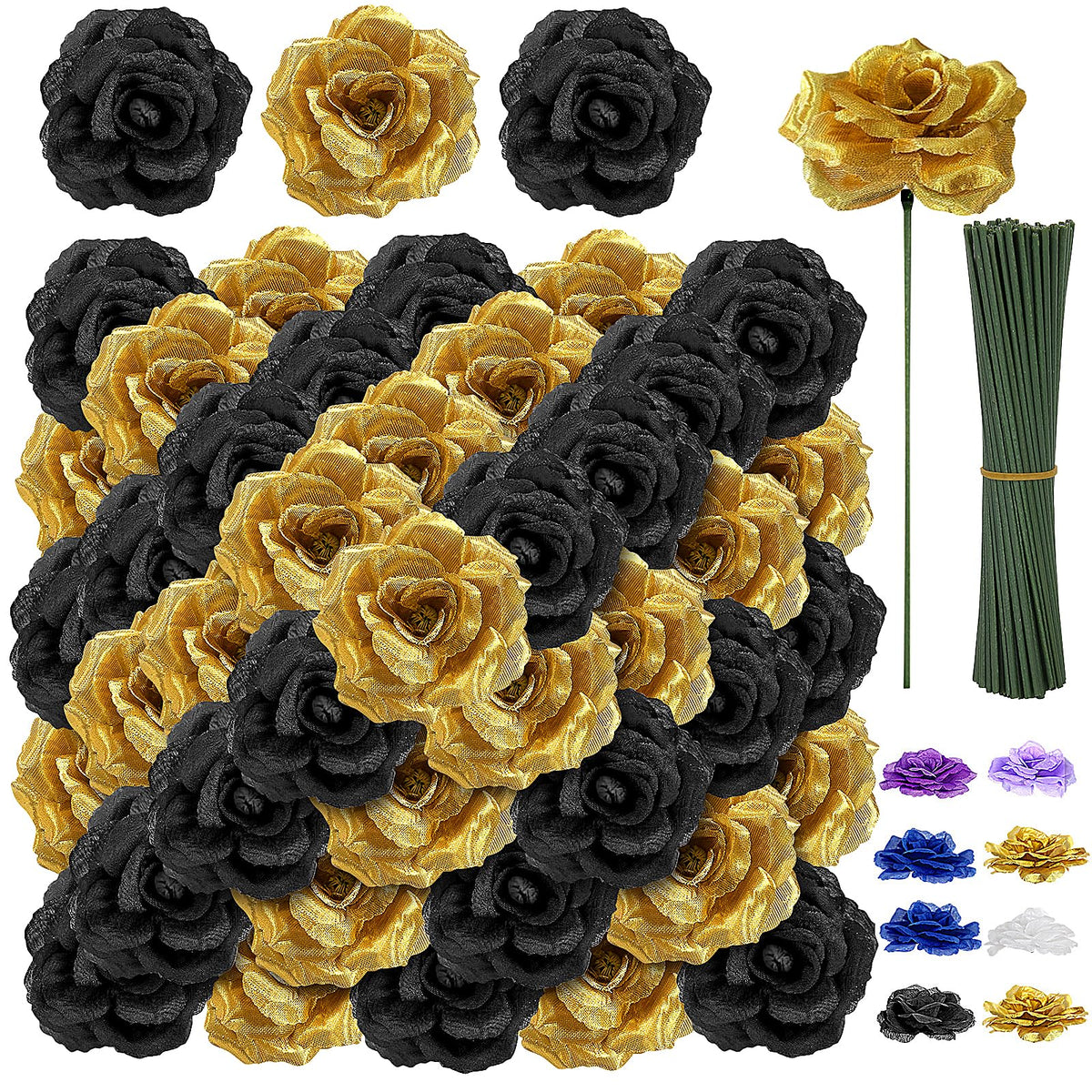 LELEE 108-piece black and gold rose heads with stems for DIY bouquets