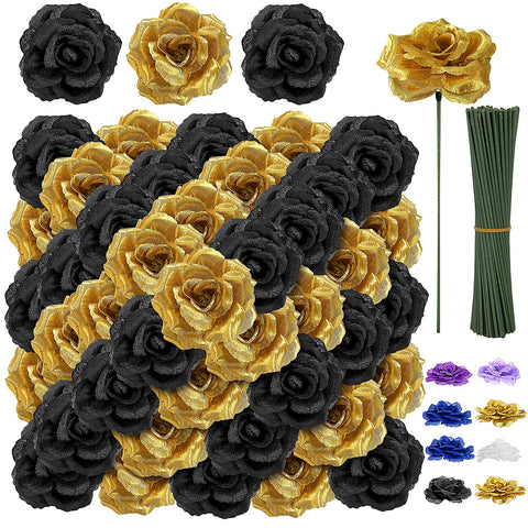 LELEE 108-piece black and gold rose heads with stems for DIY bouquets