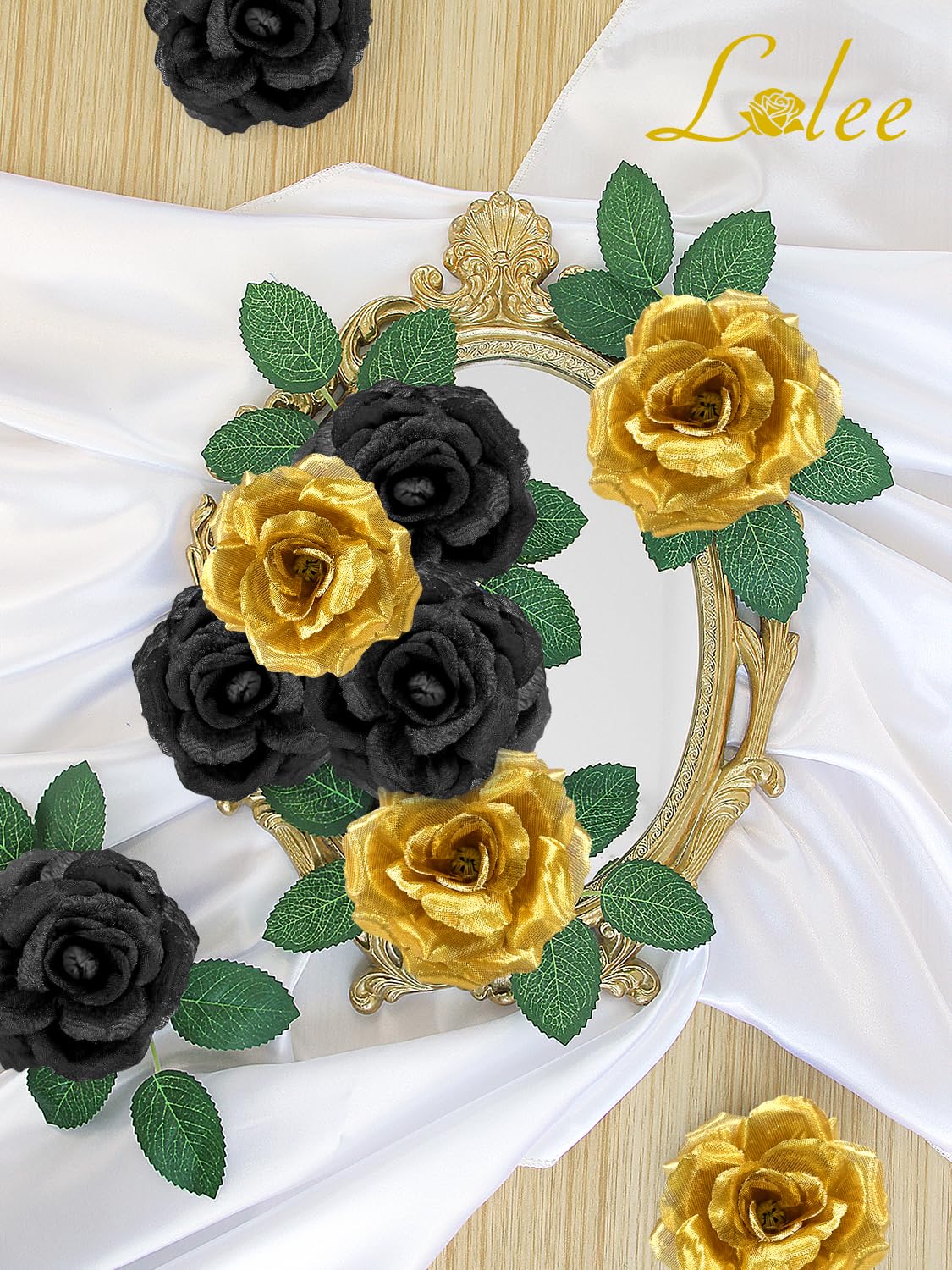 LELEE close-up of black gold rose head showing realistic silk petals
