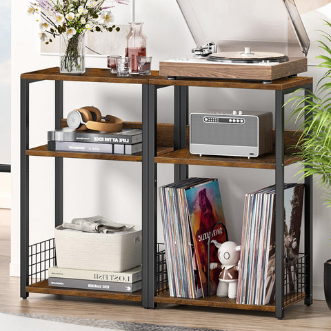 LELELINKY large brown record player stand industrial frame blends rustic wood with modern metal