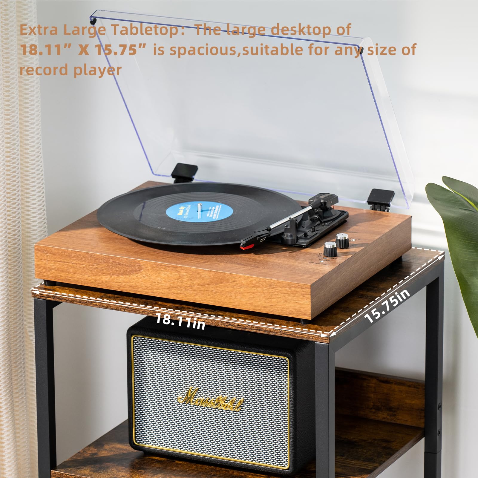 LELELINKY large brown record player stand fits living rooms, bedrooms, or offices