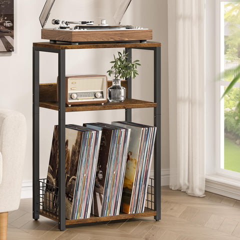 LELELINKY large brown record player stand open shelves organize vinyl and media with accessible storage