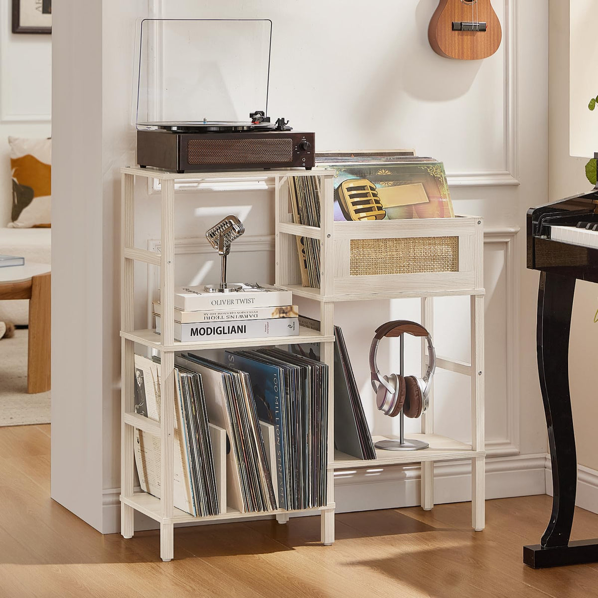 LELELINKY record player stand with rattan display basket shows boho charm