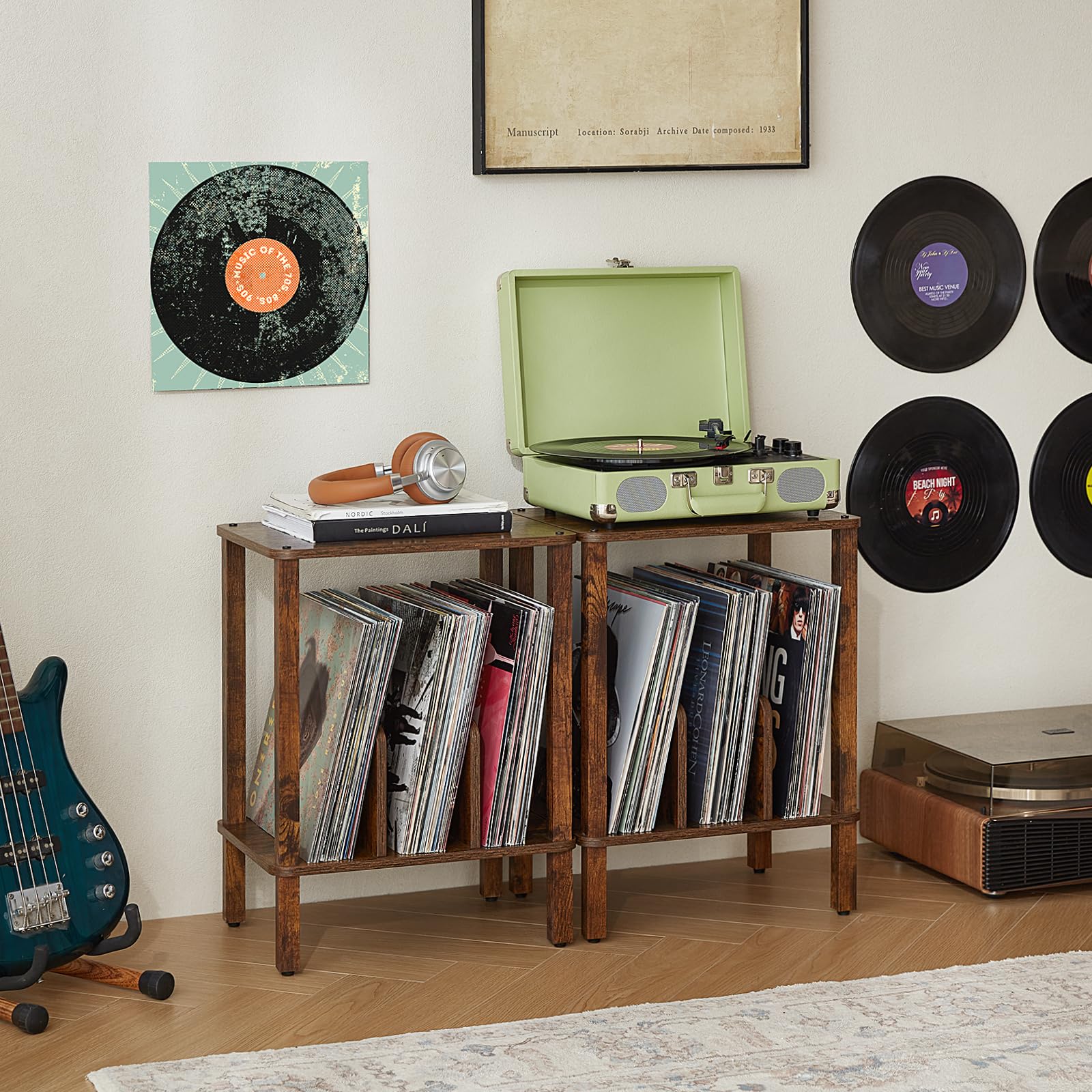 LELELINKY second shelf holds up to 100 vinyl records for organized storage.