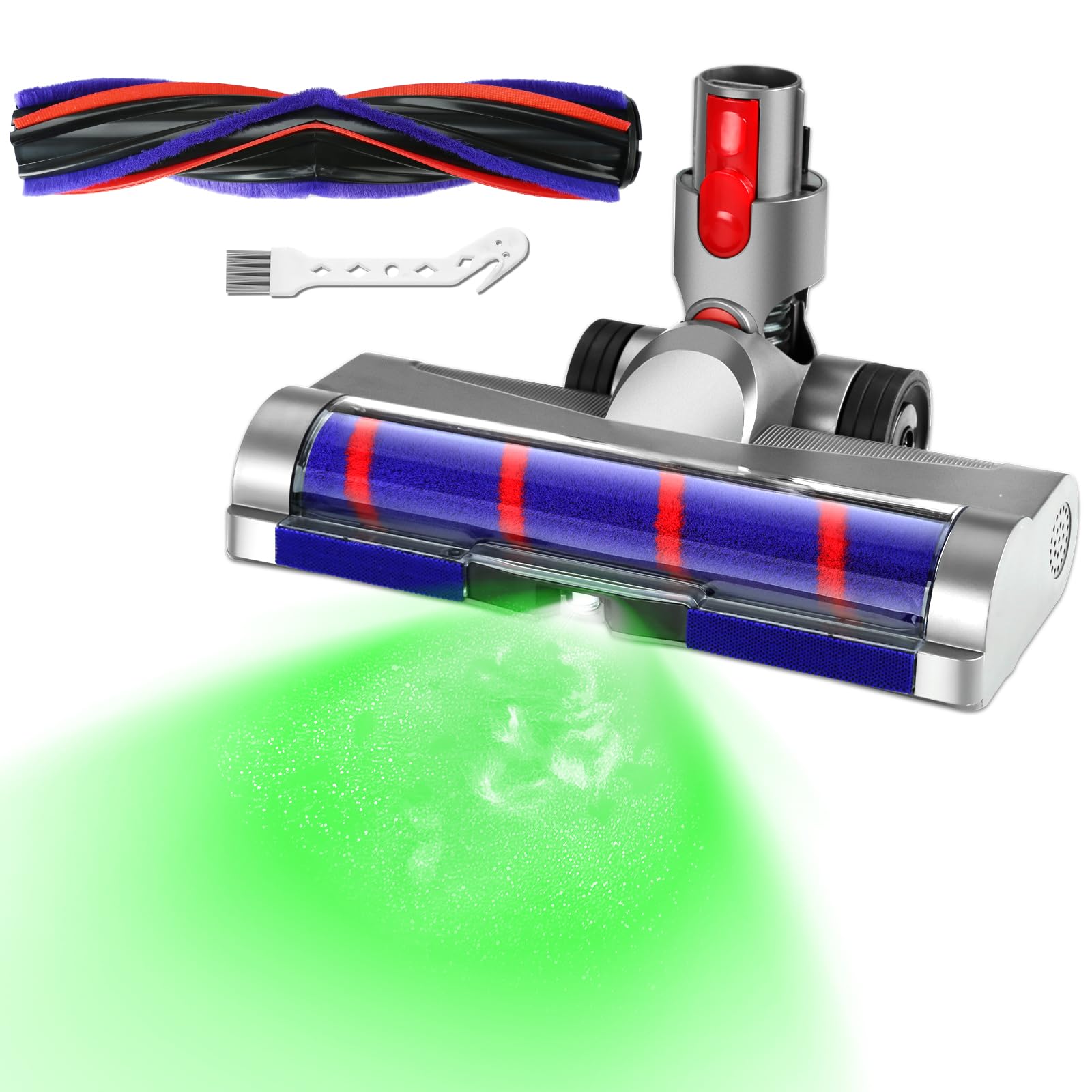 Lemige Dyson LED green head under bed illumination reveals hidden dirt for thorough cleaning.