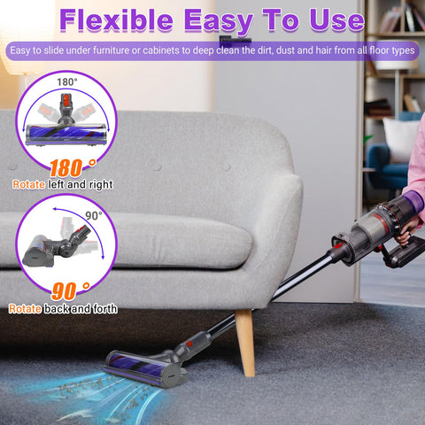Lemige nylon bristles deep-clean carpets while carbon fibers trap dust on hard floors.