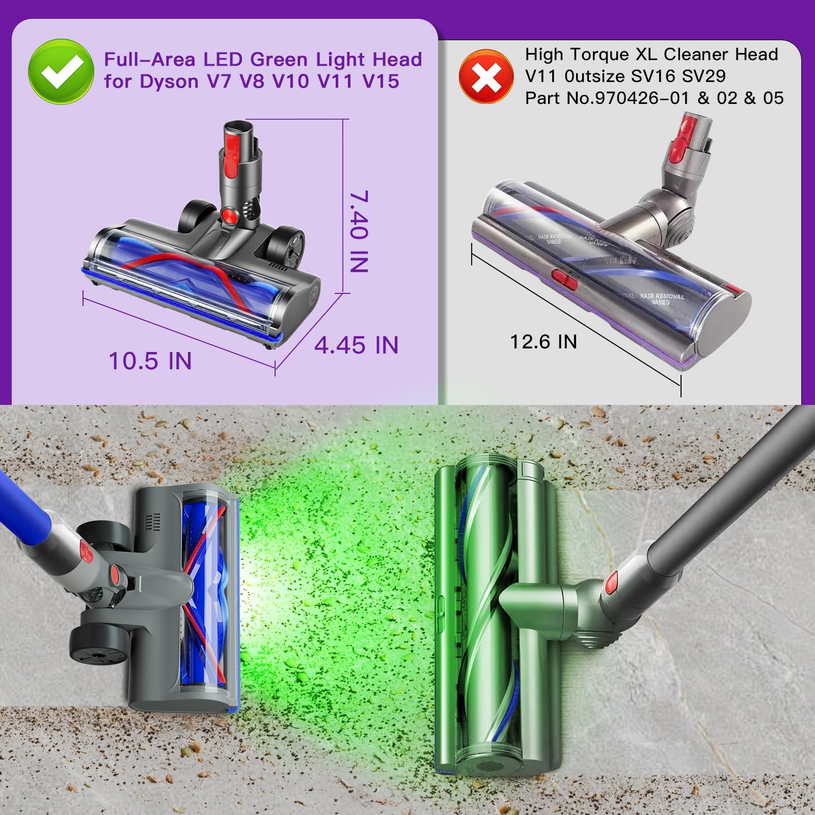 Lemige head with interchangeable brushes for carpet and hard floors.