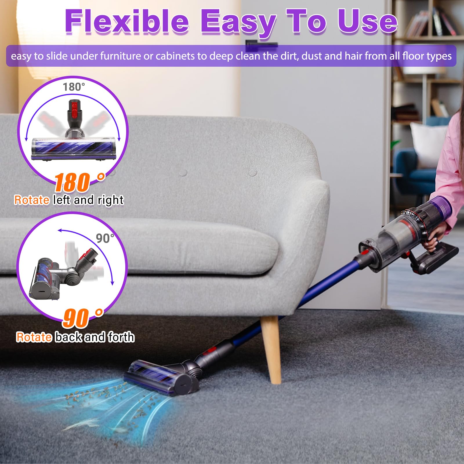 Lemige rotating head reaches tight spaces under furniture