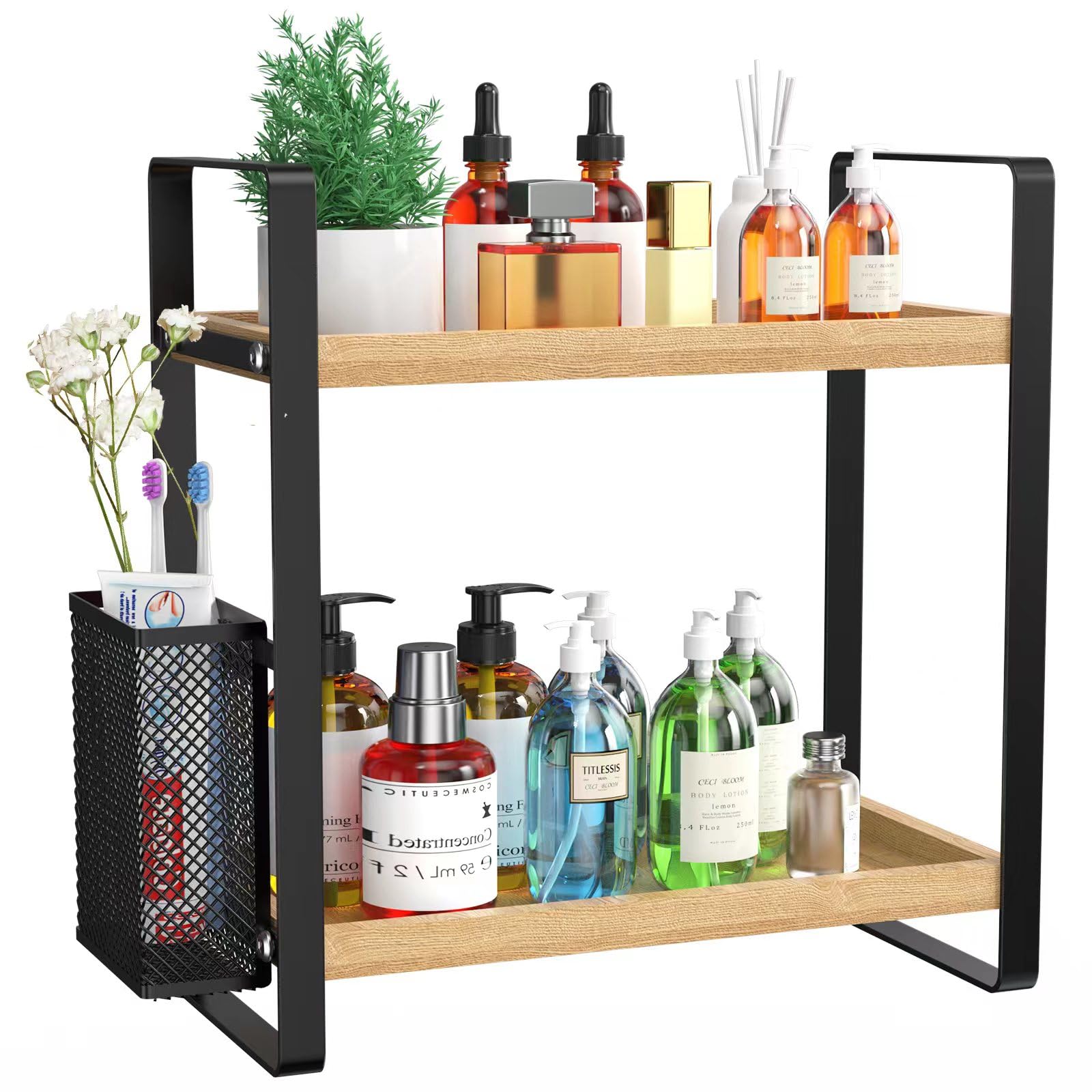 lemikkle 2-tier wood organizer with side basket ideal for brushes and makeup tools