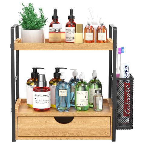 LEMIKKLE bathroom counter organizer with side basket keeps grooming tools within easy reach