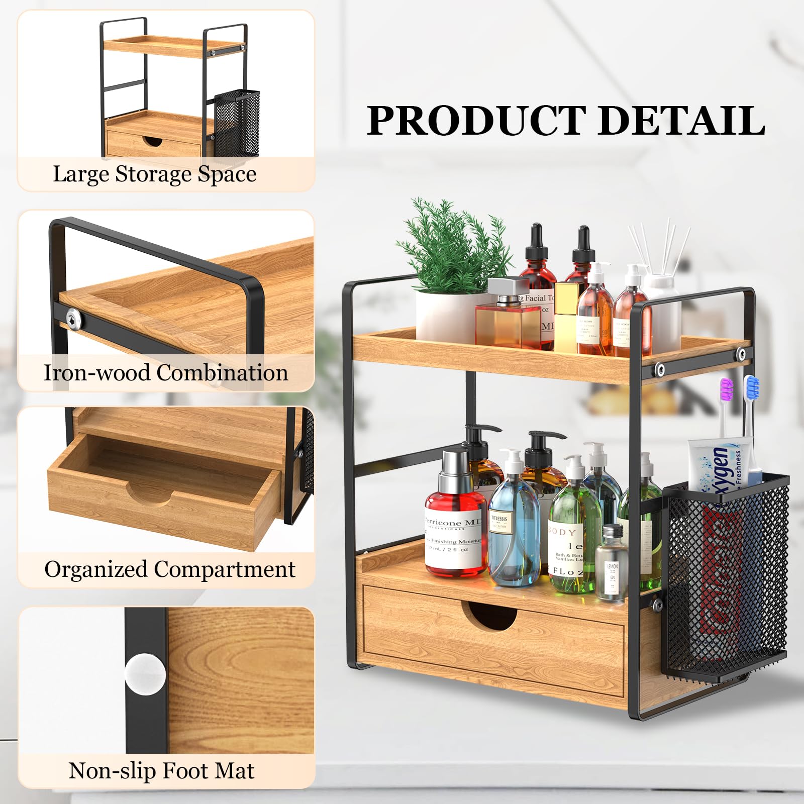 LEMIKKLE two-tier open-design organizer maximizes vertical storage on a counter