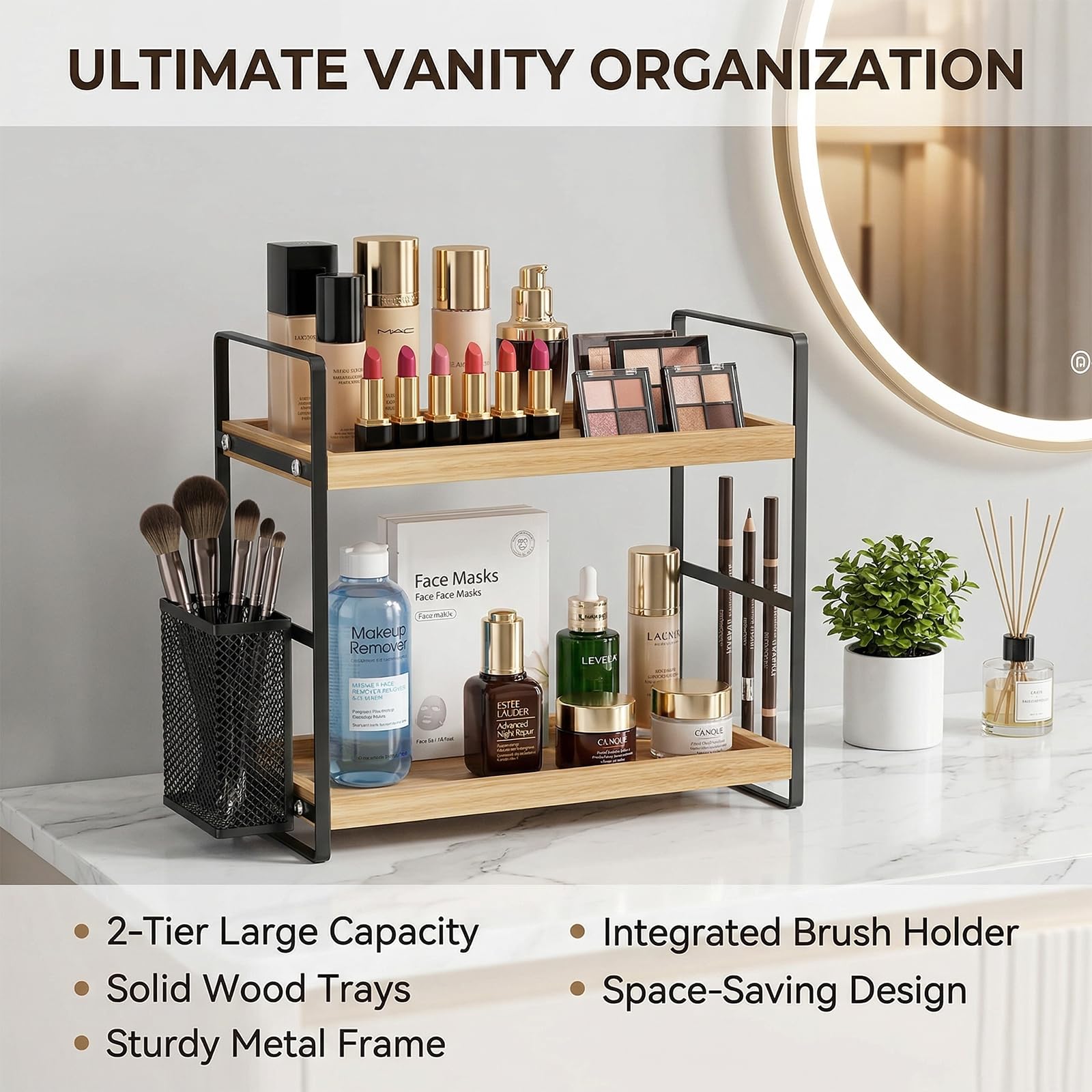 lemikkle wood bathroom organizer on counter for cosmetics and toiletries