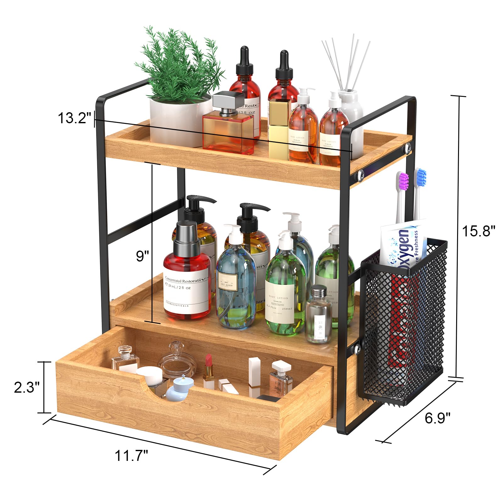 LEMIKKLE wood countertop organizer with durable anti-rust finish for damp bathrooms