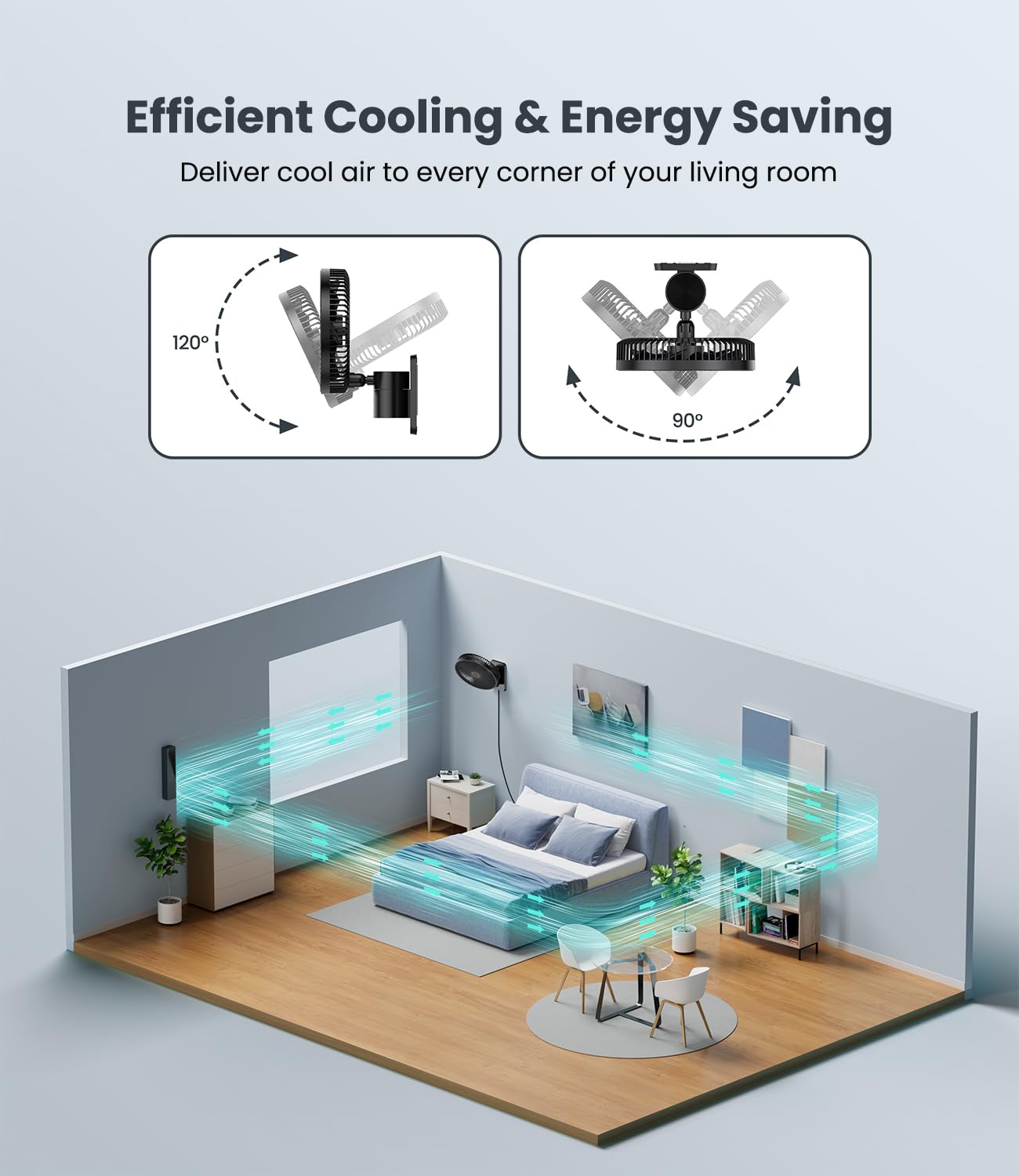LEMOISTAR 8-Inch fan shows 90° oscillation for wide airflow across the room.