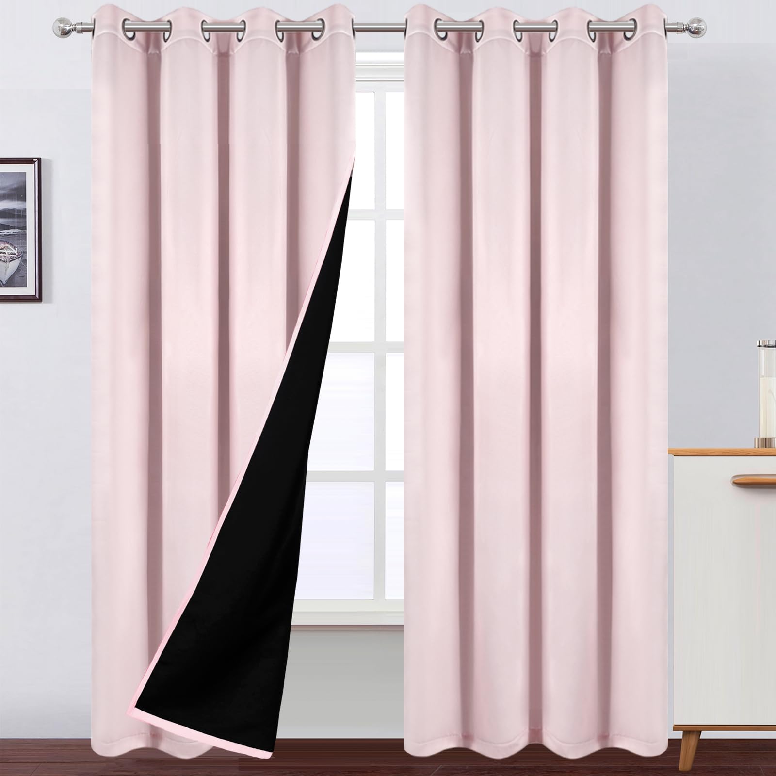 LEMOMO baby pink blackout curtains provide privacy with a soft room darkening look.