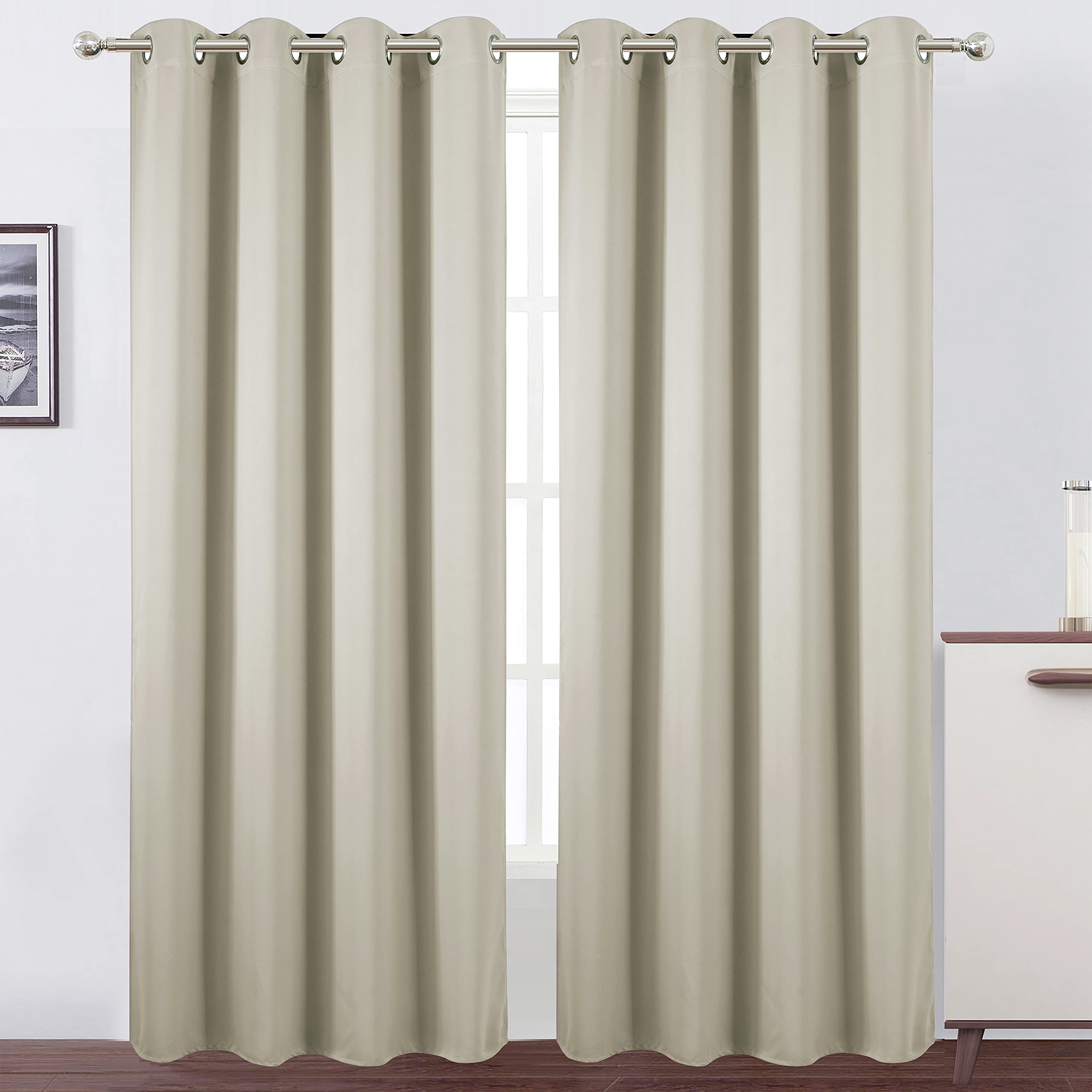 LEMOMO light beige blackout curtains packaged and ready to hang.