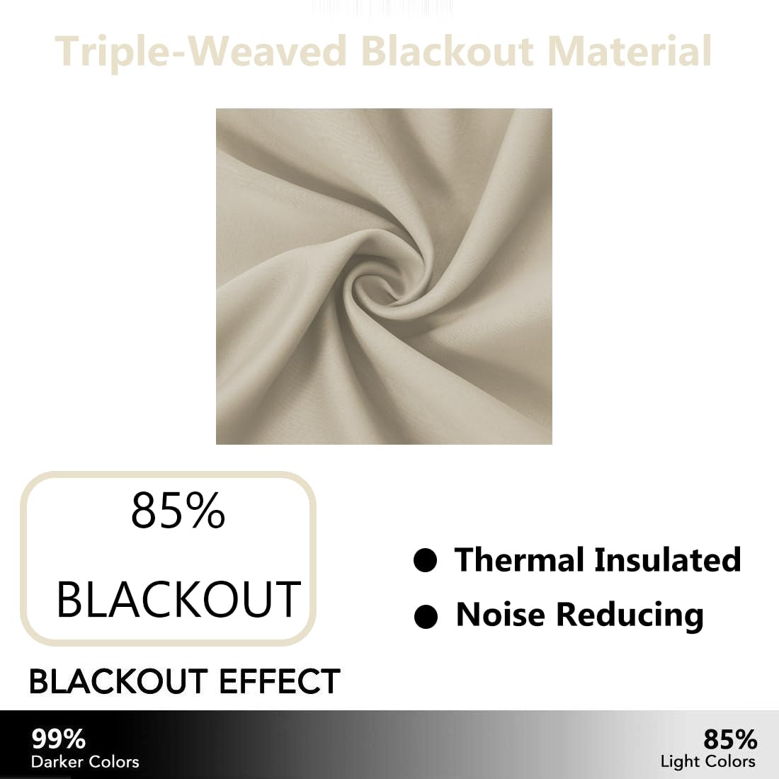 LEMOMO light beige blackout curtain panel on rod ready to install.