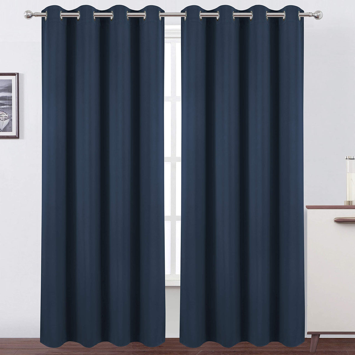 LEMOMO navy blue curtains panel overview; enhances privacy and darkness.