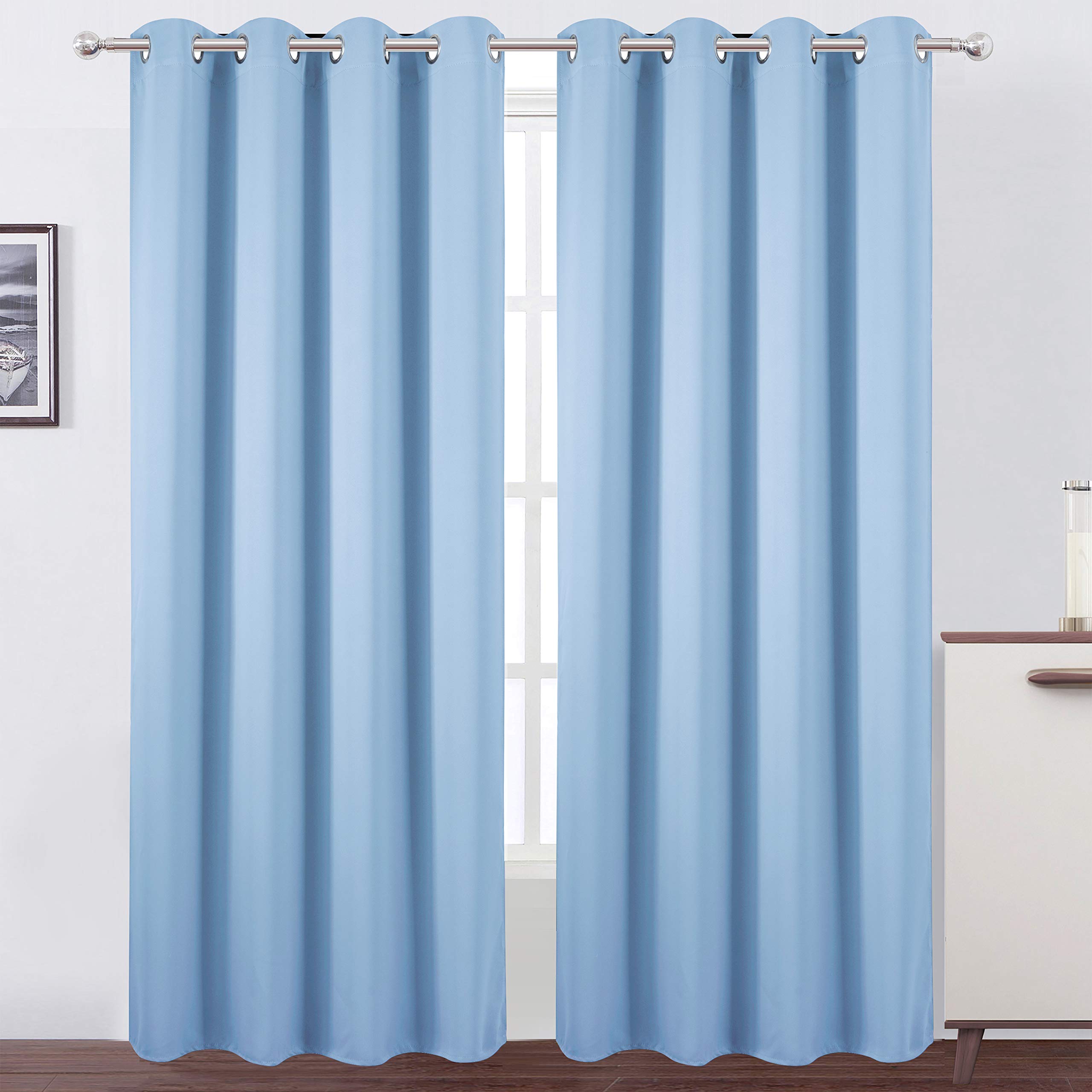LEMOMO Sky Blue Thermal Blackout Curtains hanging to darken a room for restful naps