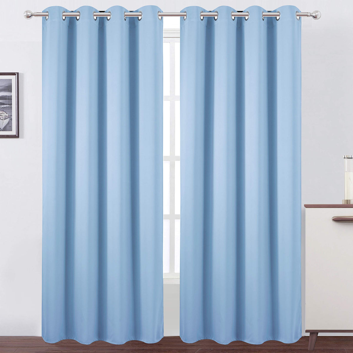 LEMOMO Sky Blue Thermal Blackout Curtains hanging to darken a room for restful naps