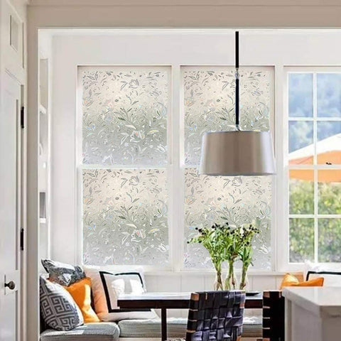 Lemon Cloud Rainbow Tulip window film adds colorful glare-softening light in living rooms.