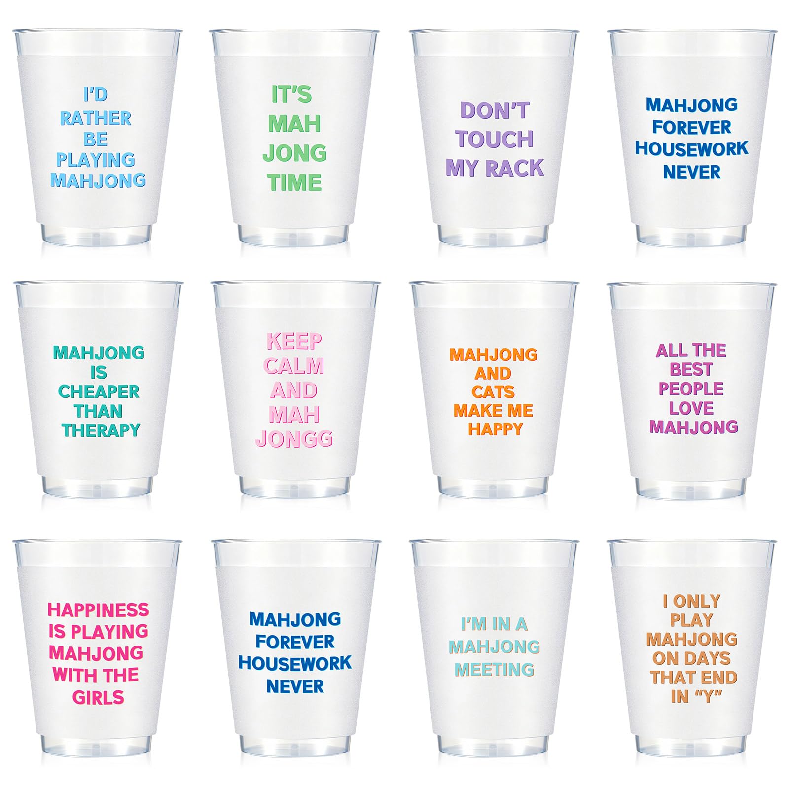 LemonRoad Mahjong cups with frosted finish and multicolor phrases for game night