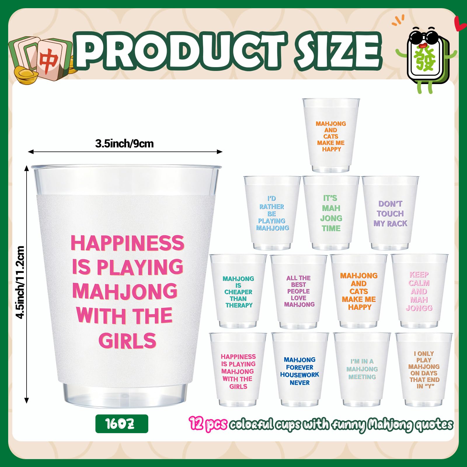 LemonRoad Mahjong cups angle2 close-up, frosted plastic and bright designs