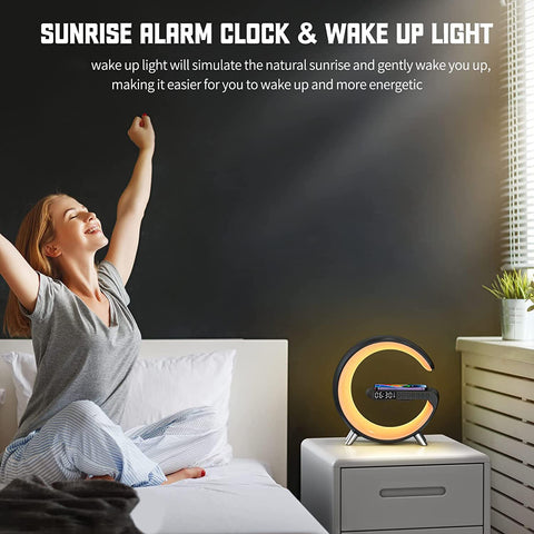 Lenglass 4‑in‑1 bedside station combining clock, charger, speaker, and ambient glow.