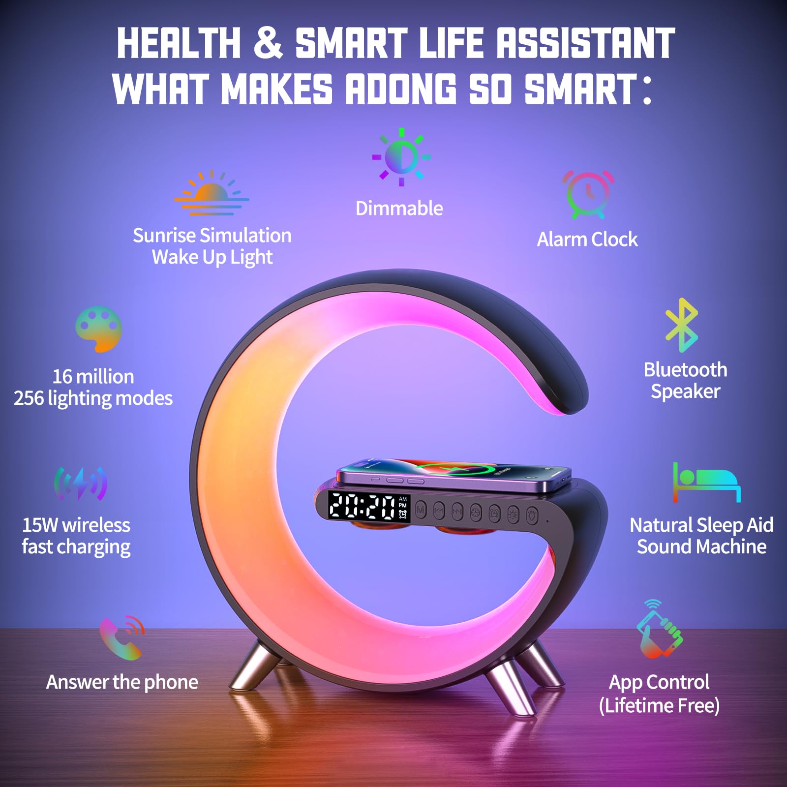 Lenglass bedside lamp ambient light emitting a soft, colorful glow for reading and relax.