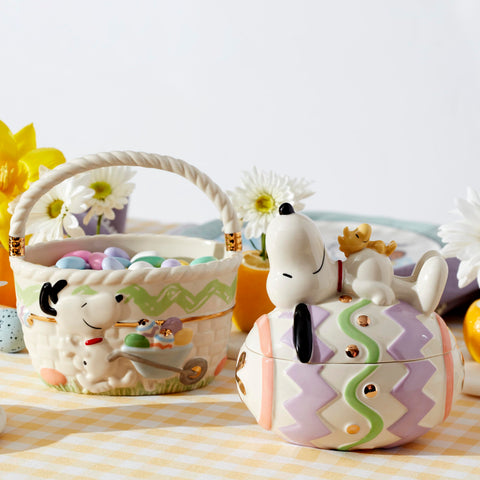 Lenox Peanuts Easter basket on mantel with spring decor