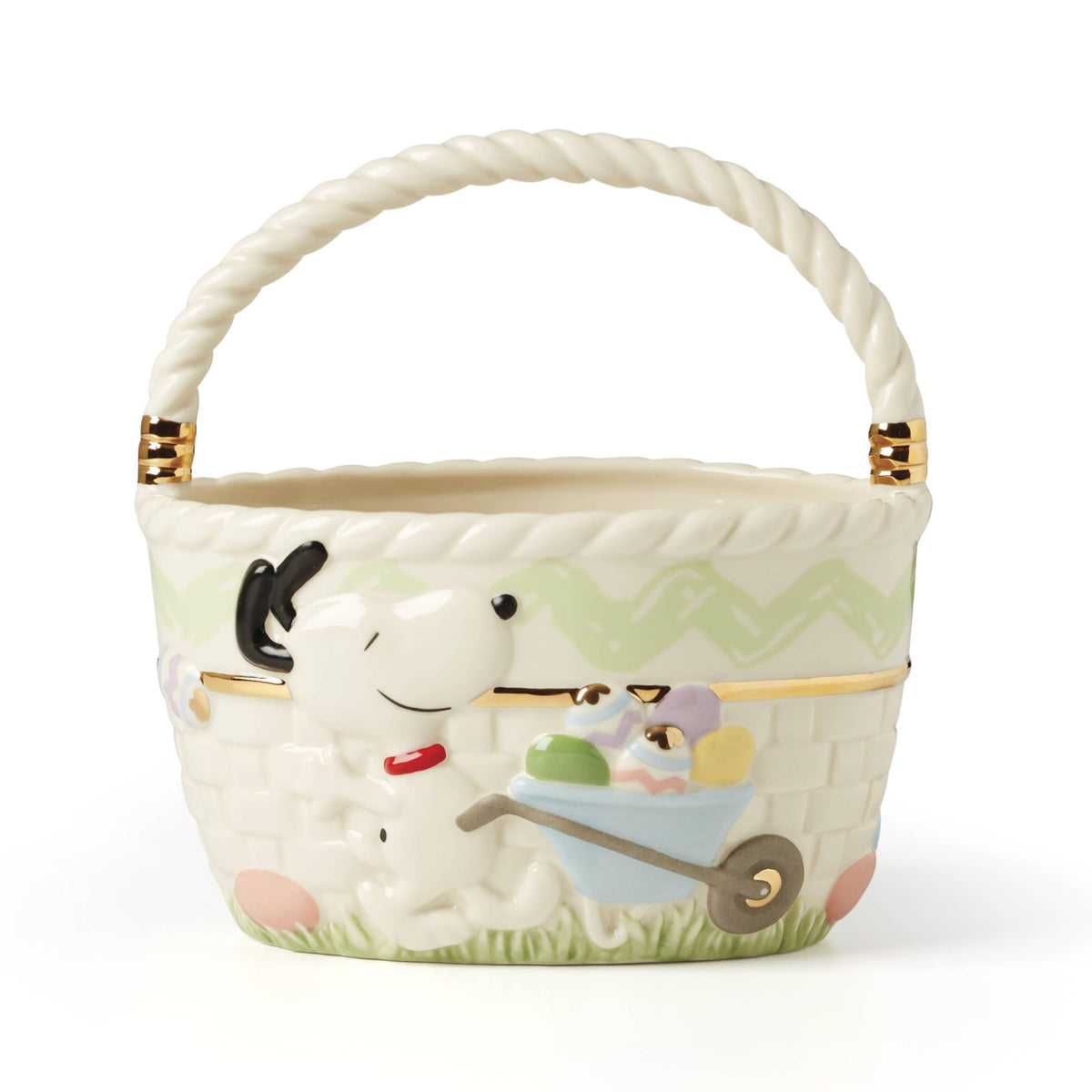 Lenox Peanuts Easter Snoopy basket side view for festive spring display