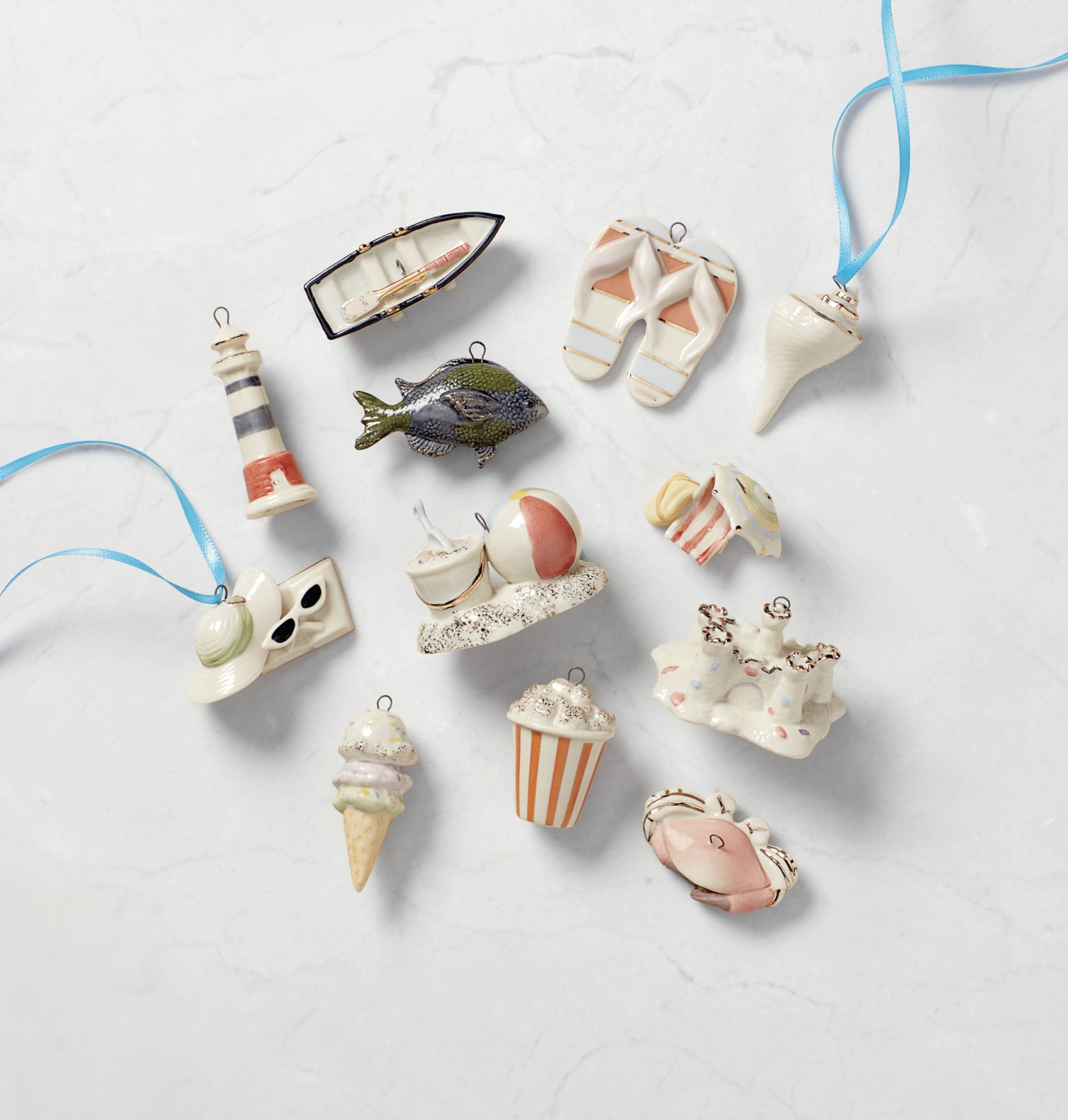 Lenox Summer Mini Ornaments seashell design completes coastal-inspired shelving