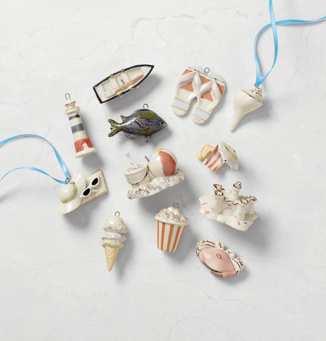 Lenox Summer Mini Ornaments seashell design completes coastal-inspired shelving
