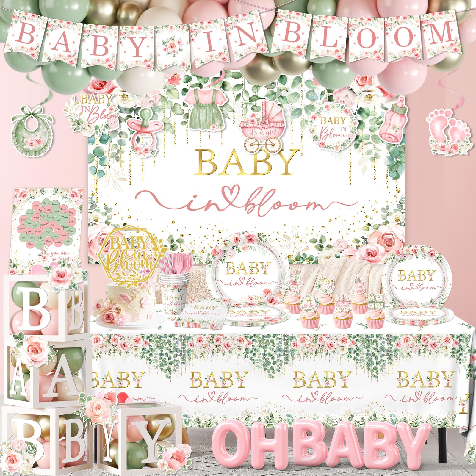 Lenyunge Floral Baby in Bloom balloon arch kit adds a festive focal point.
