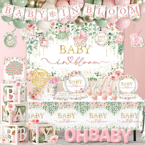 Lenyunge Floral Baby in Bloom balloon arch kit adds a festive focal point.