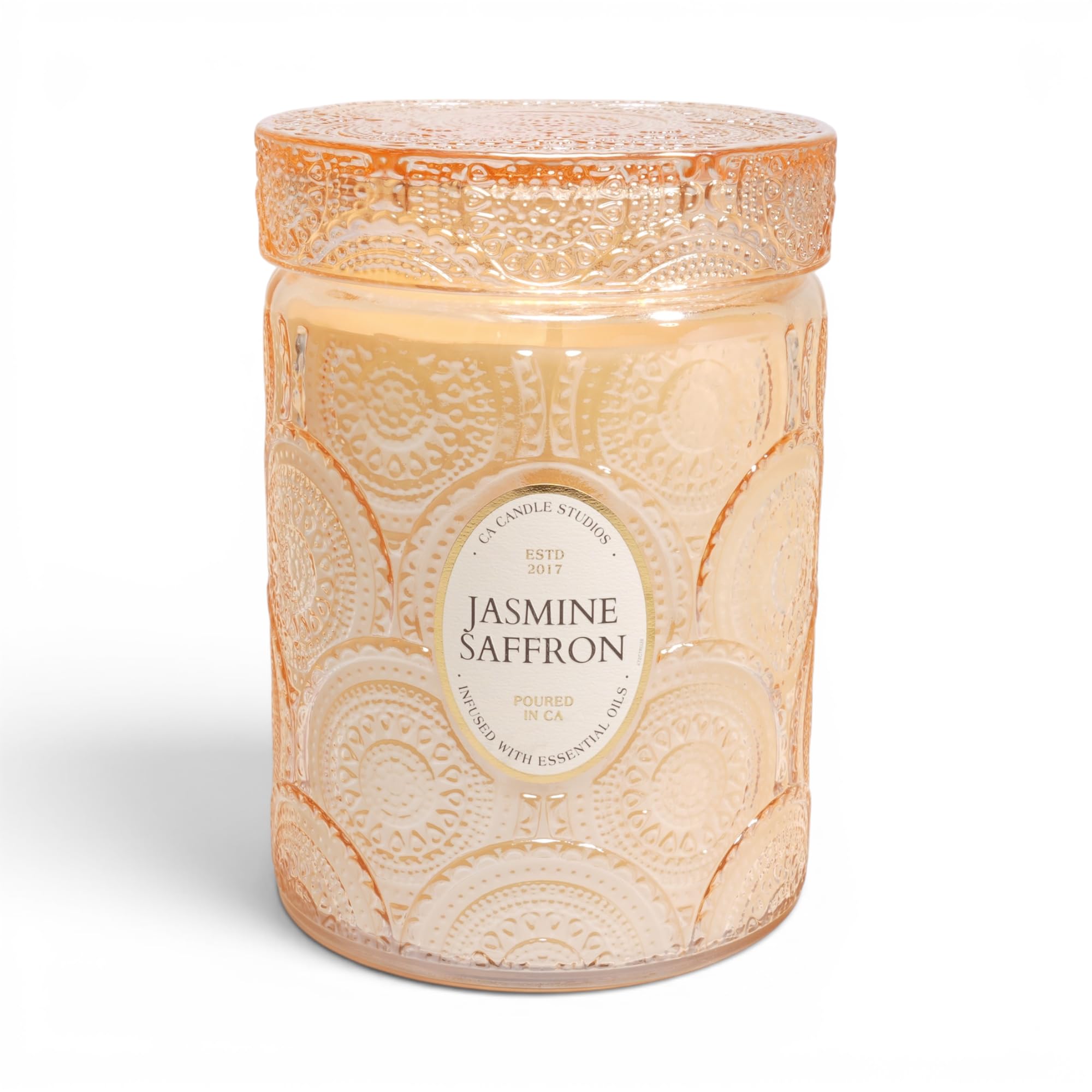 LEOBEN CO Jasmine Saffron candle with embossed jar for elegant ambience.