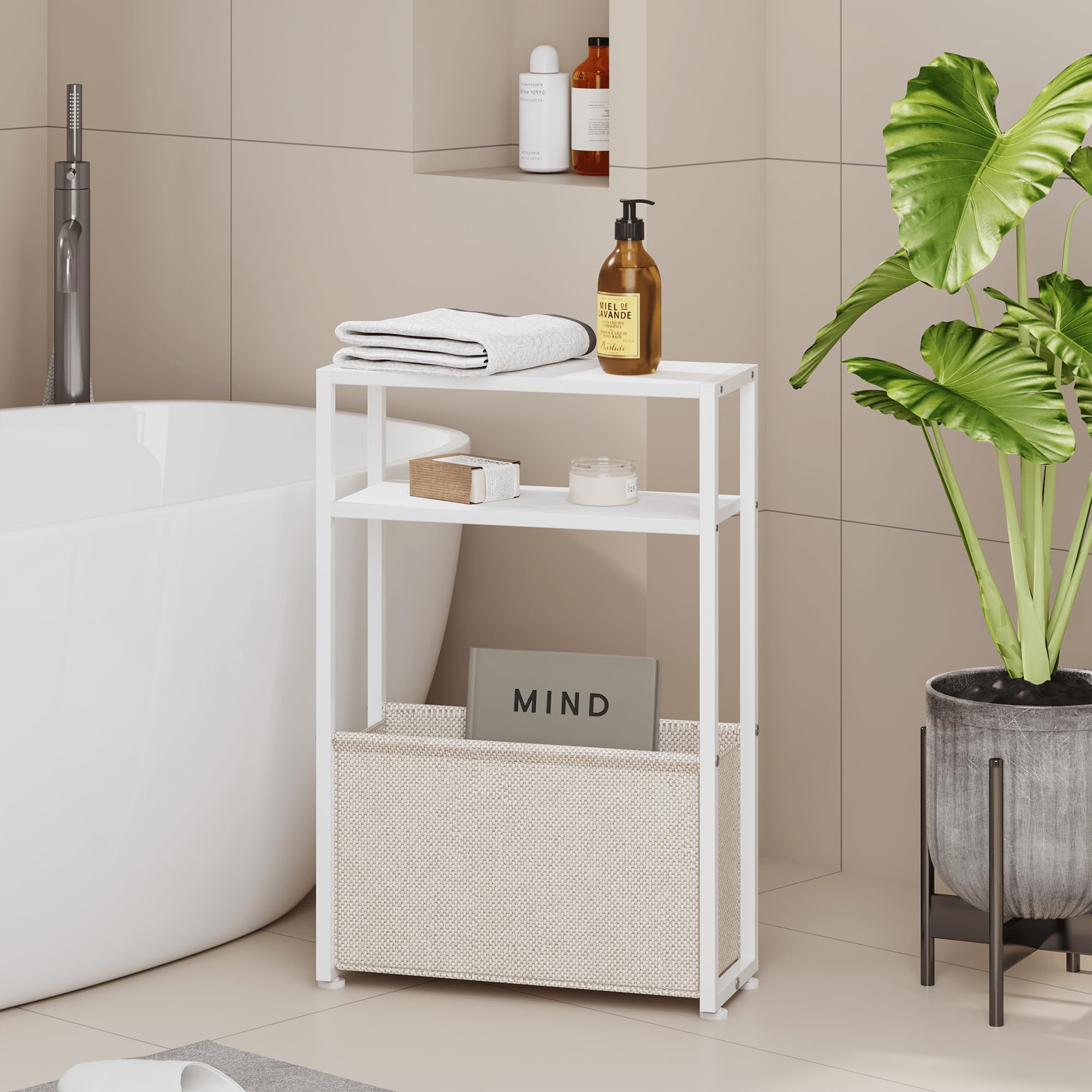 Leomonio narrow side table with white camel fabric basket for small spaces