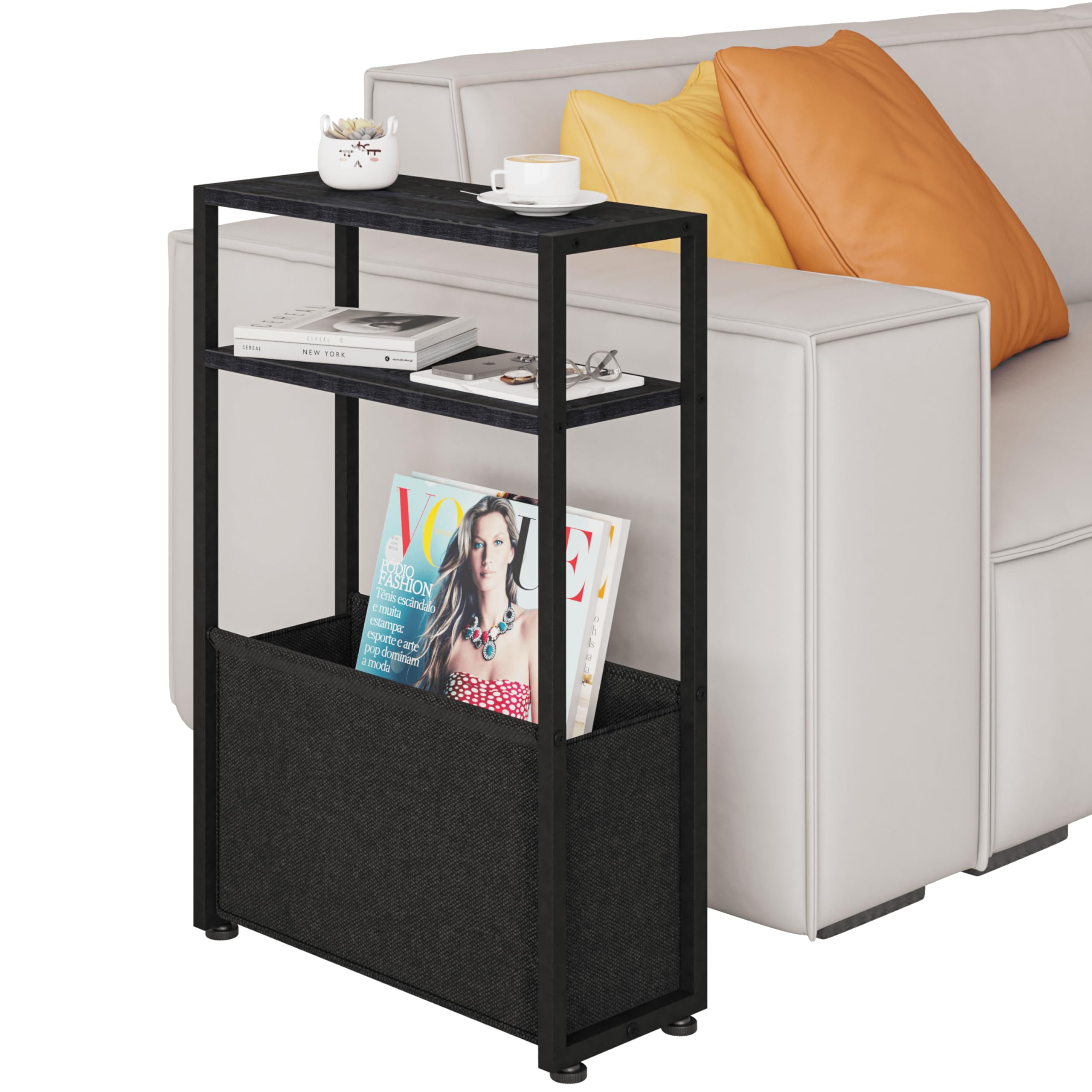 Leomonio Narrow Side Table in bedroom provides slim bedside surface for essentials.