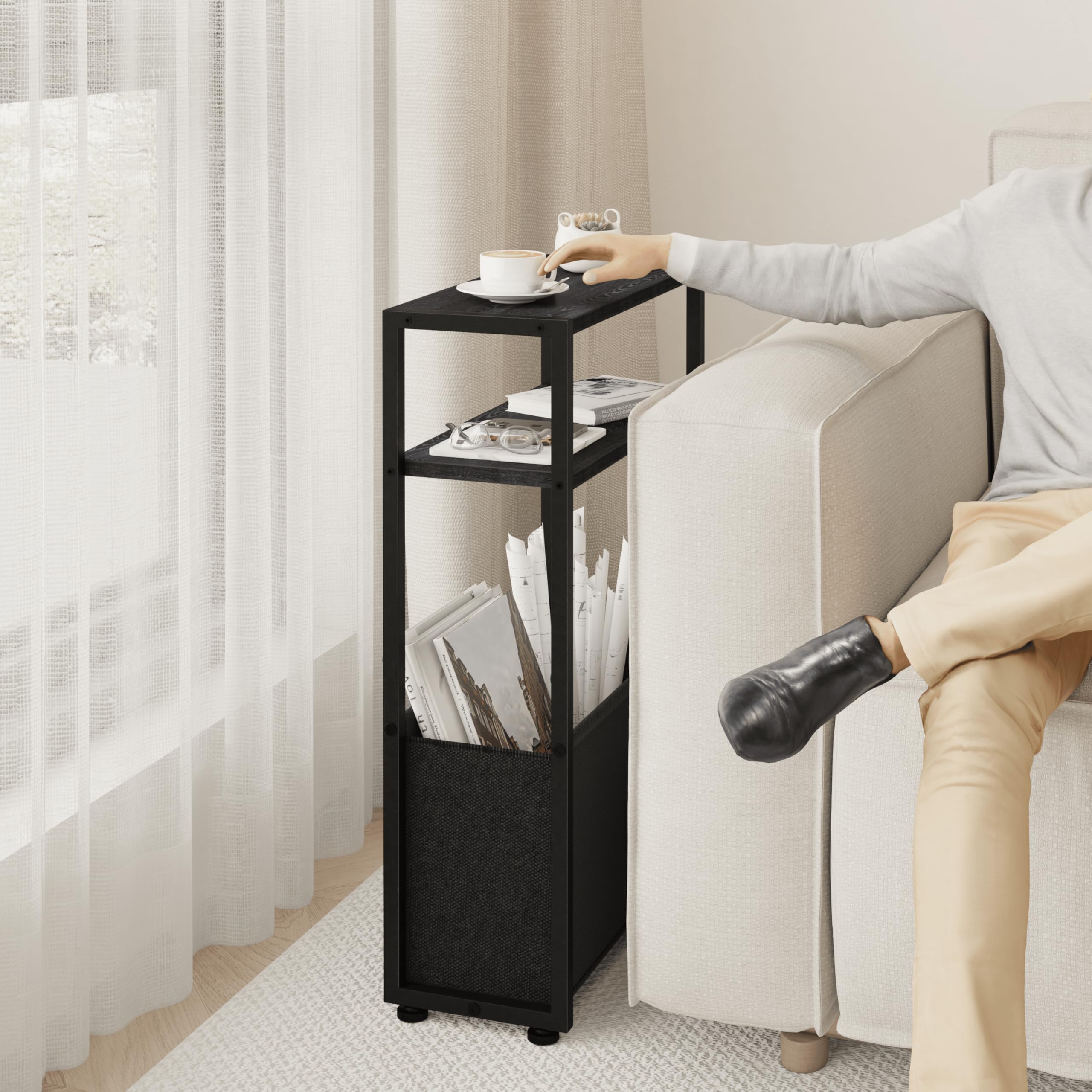 Leomonio Narrow Side Table in living room complements decor while offering handy storage.