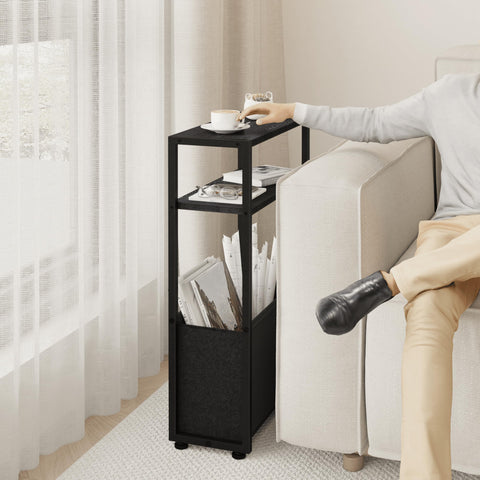 Leomonio Narrow Side Table in living room complements decor while offering handy storage.
