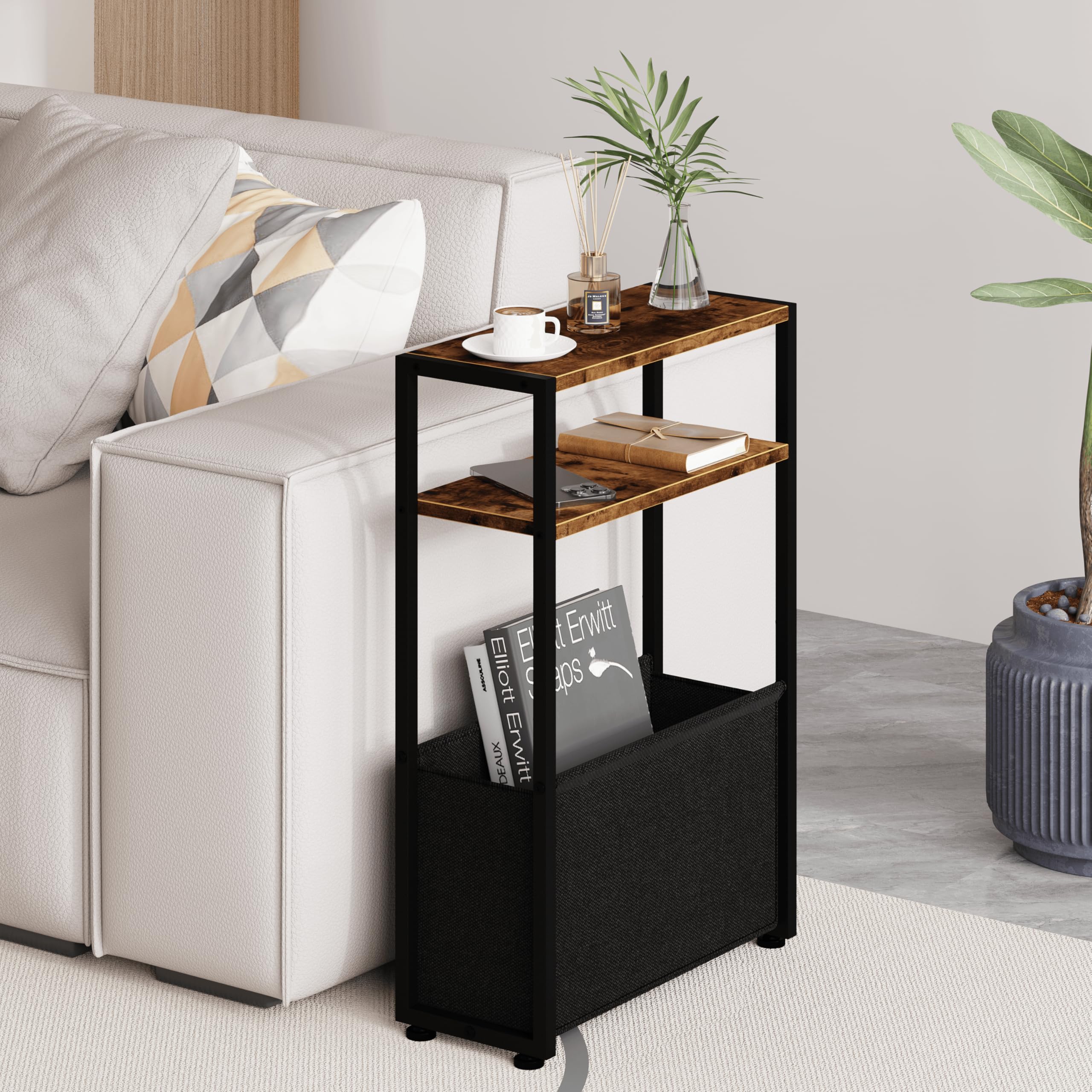 Leomonio narrow side table top view shows slim footprint and storage.