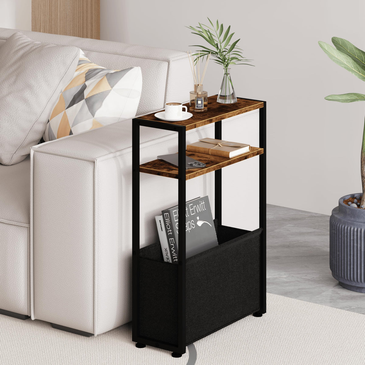 Leomonio narrow side table top view shows slim footprint and storage.
