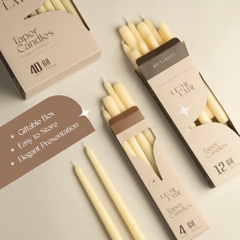 Leor & Lair Ivory Taper Candles enhance holiday decor with lasting glow.