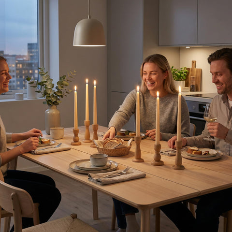 Leor & Lair Ivory Taper Candles in restaurant setup offer clean, dripless illumination.