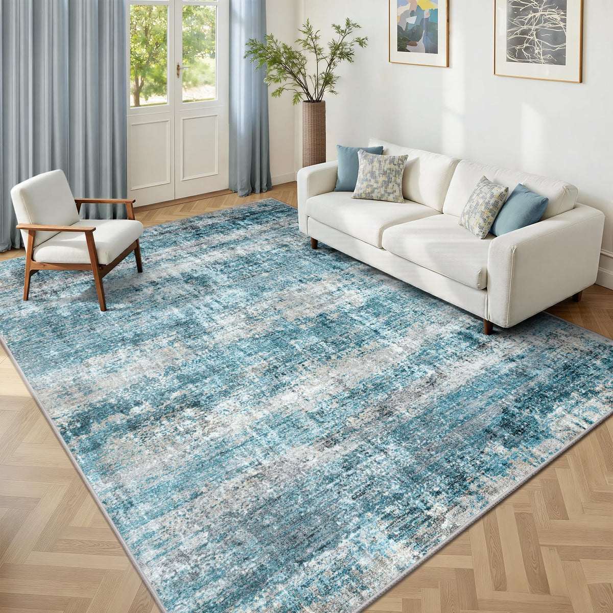 LEPEII 5x7 area rug with abstract blue pattern for a modern living room.