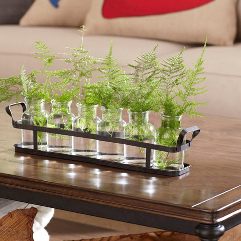 Le'raze terrarium arrangement uses clear vases for natural botanical accents.