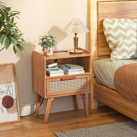Lerliuo bedside table with solid wood legs complements decor.