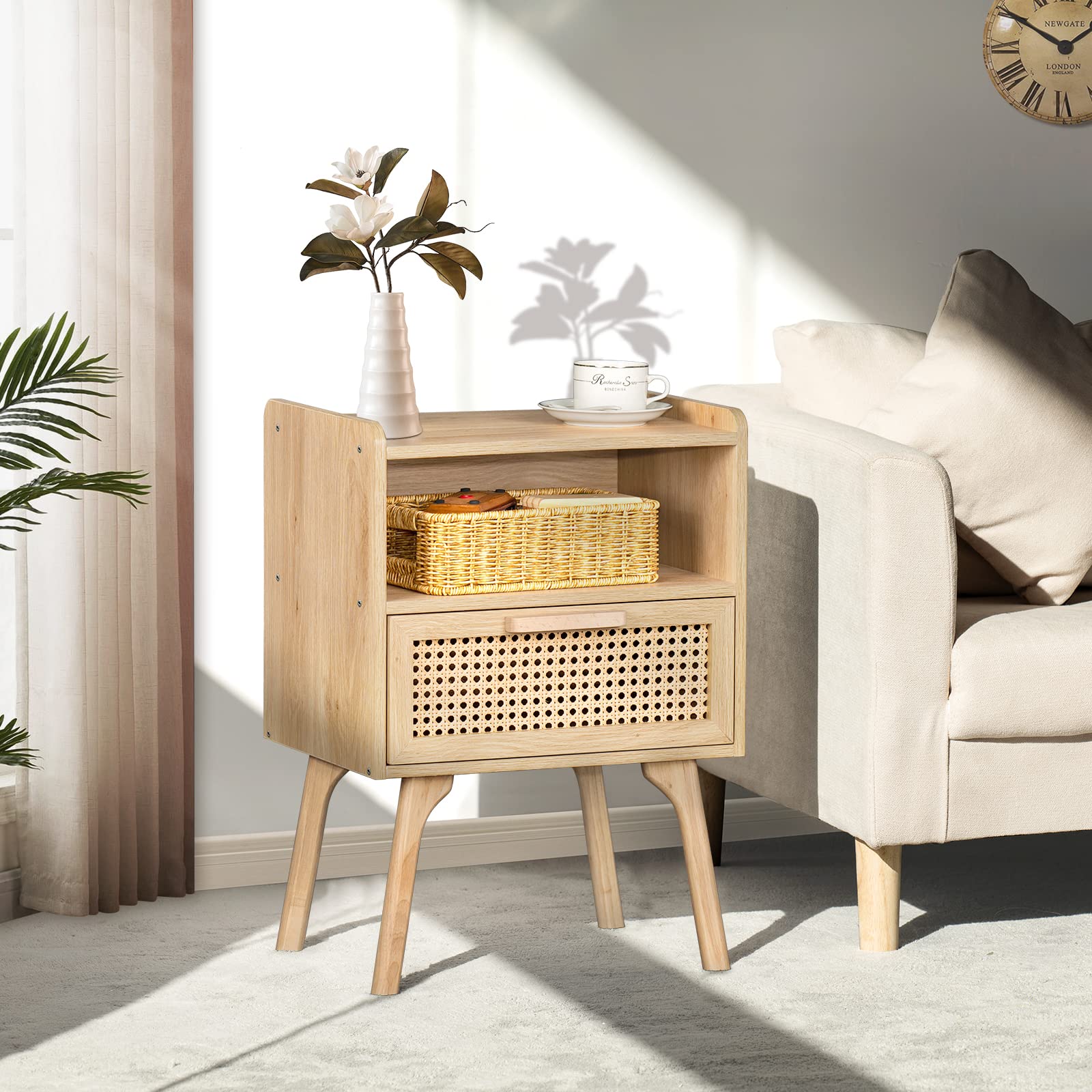 Lerliuo boho side table with open shelf helps declutter living spaces.