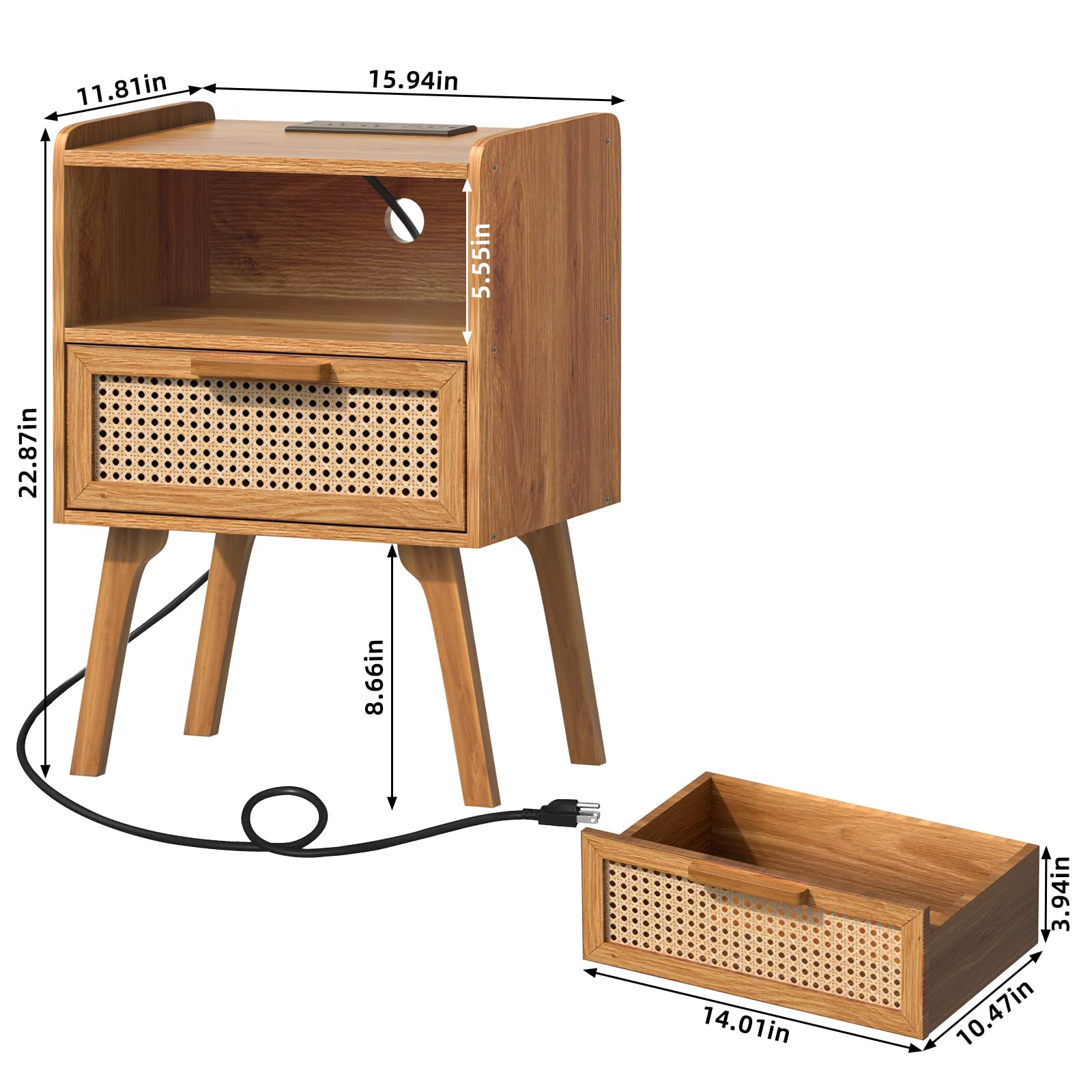Lerliuo nightstand drawer open showing ample storage space.
